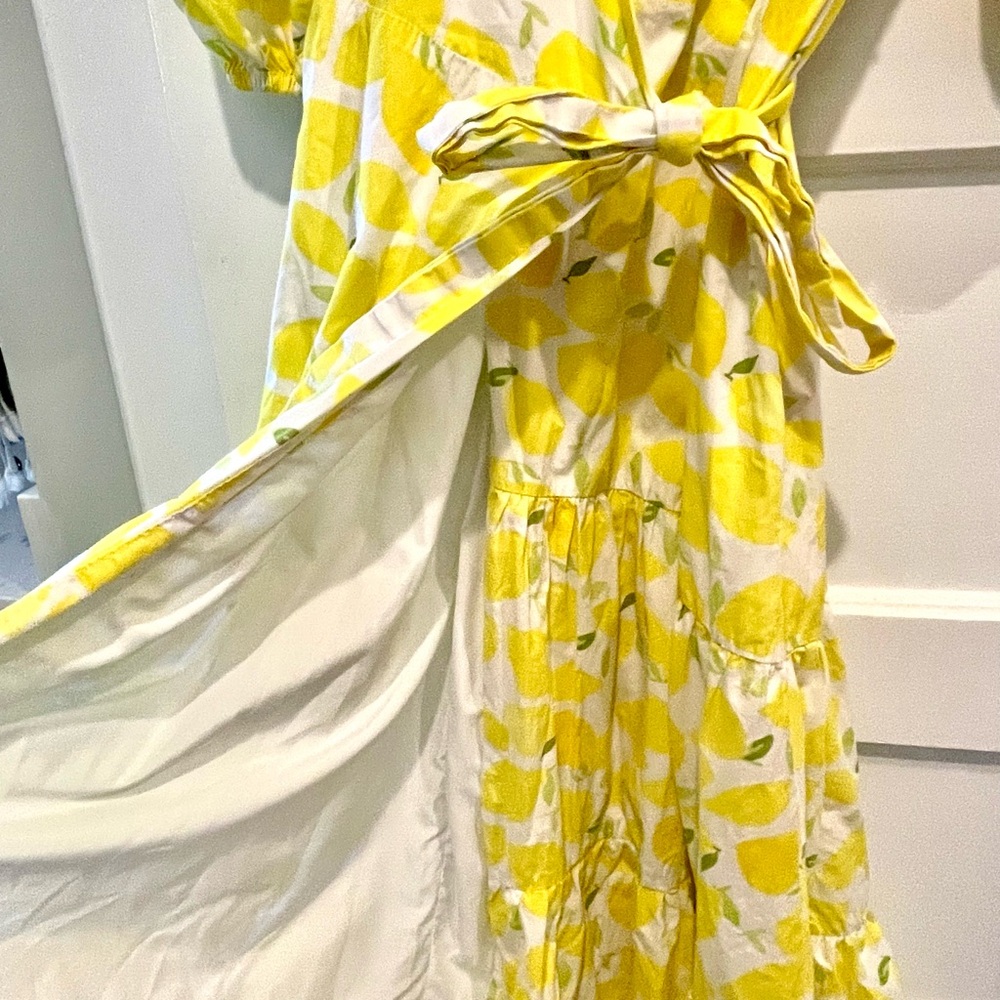 Hutch Anthropologie Yellow Lemon Print Tiered Wrap Midi Dress - Picture 6 of 7